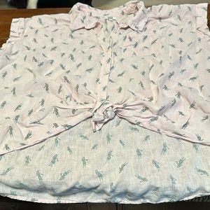 True Craft woven button down “Hula Girl” tie front pink shirt sz 2X